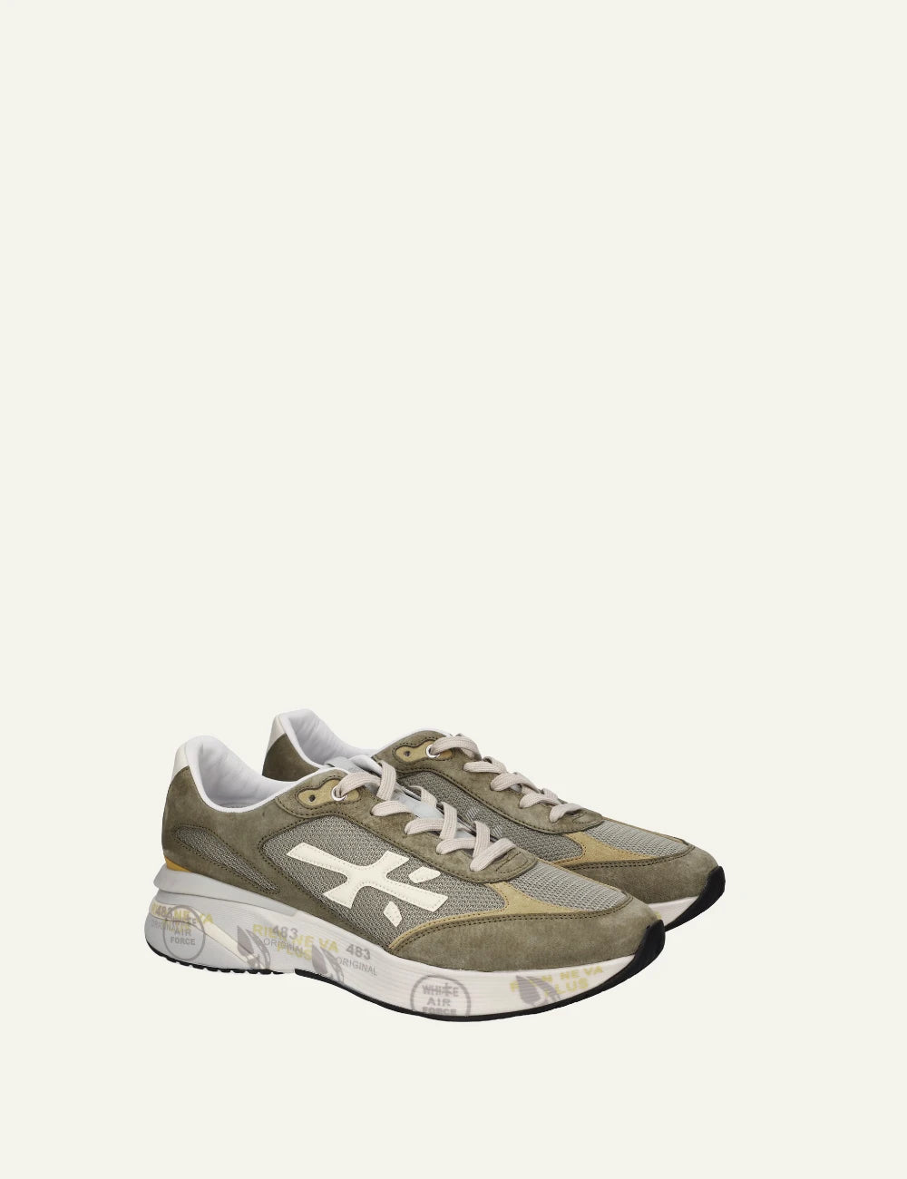 Premiata Moerun sneaker khaki mesh suede side angled view