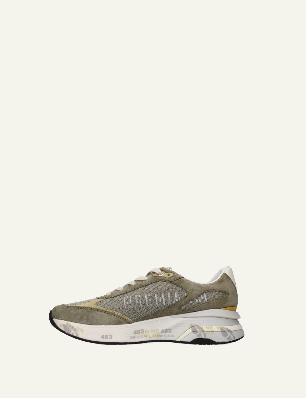 Premiata Moerun sneaker khaki mesh suede profile view