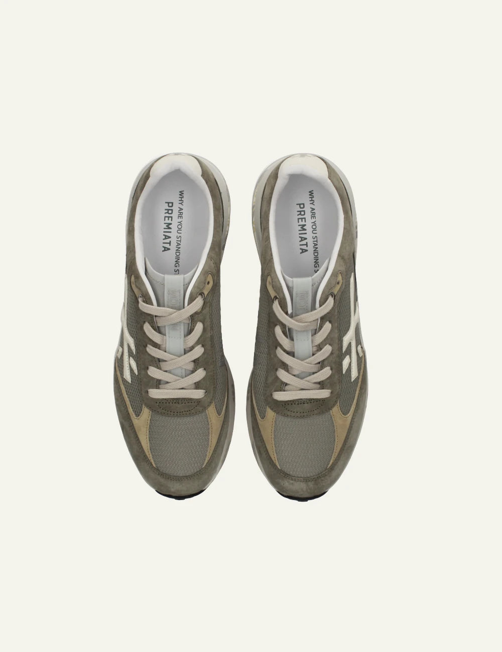 Premiata Moerun sneaker khaki mesh suede top view