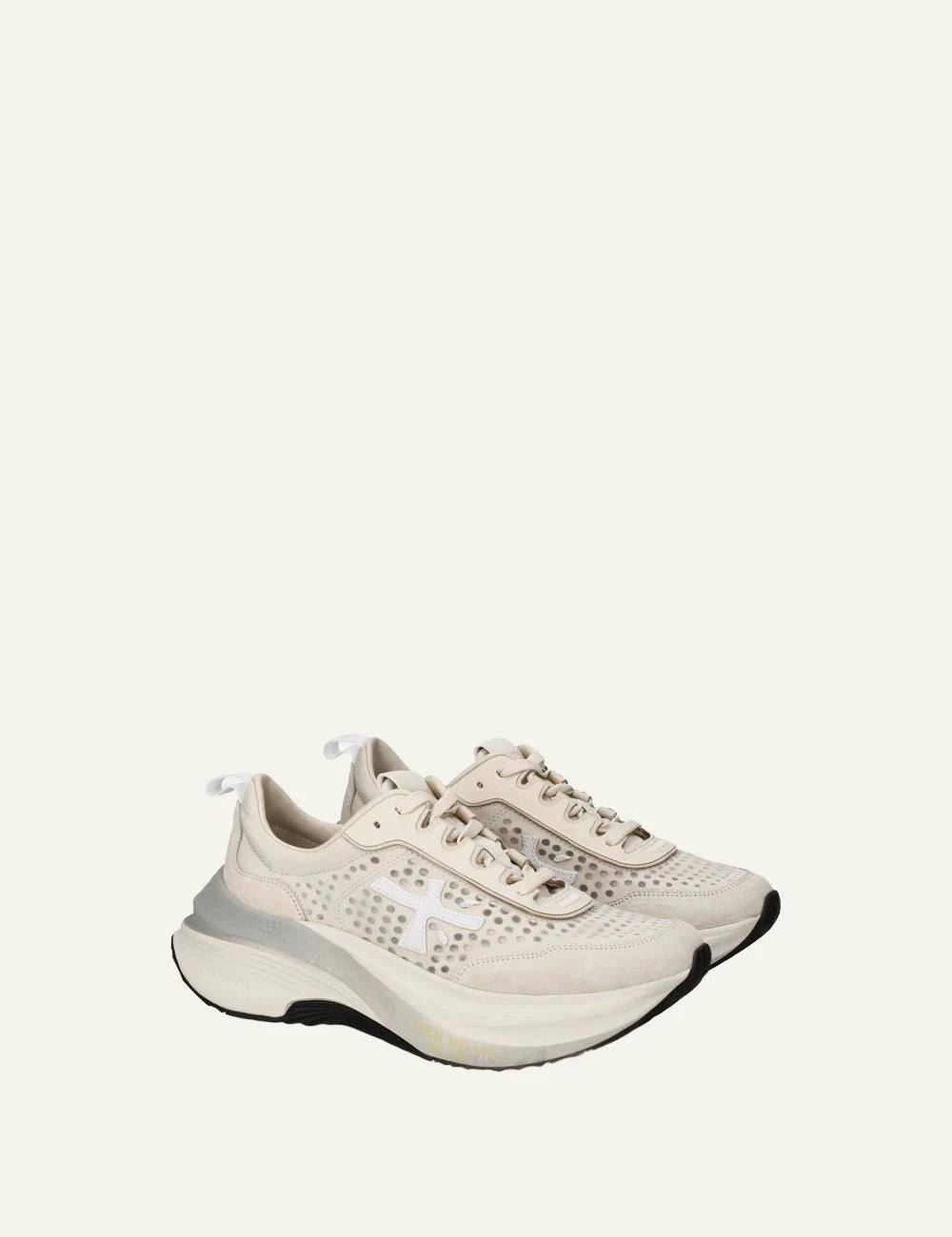 Premiata sneakers off white chunky mesh leather angled view