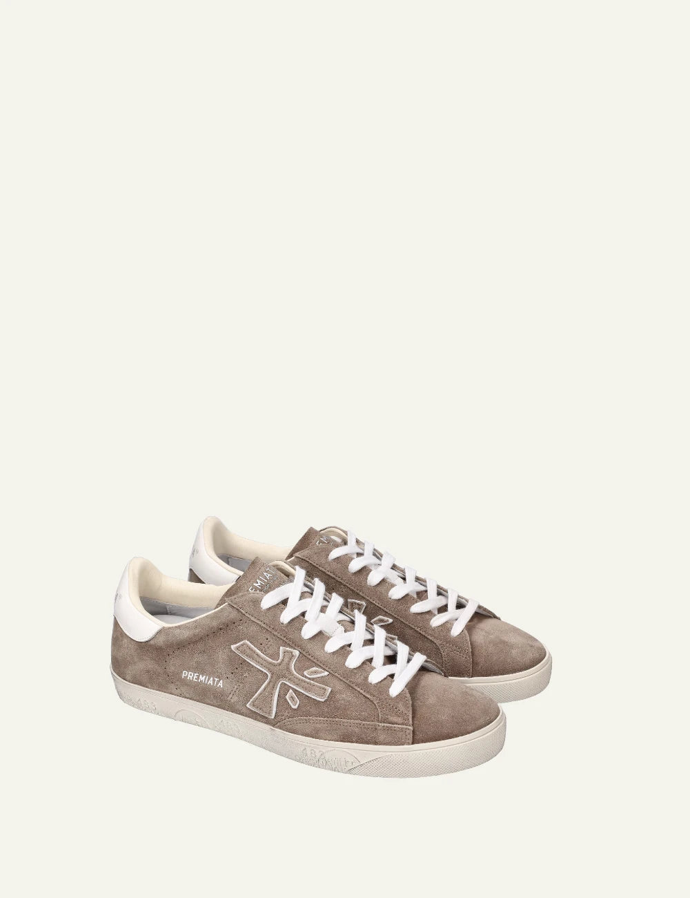 Premiata Steven sneaker taupe suede side angled view