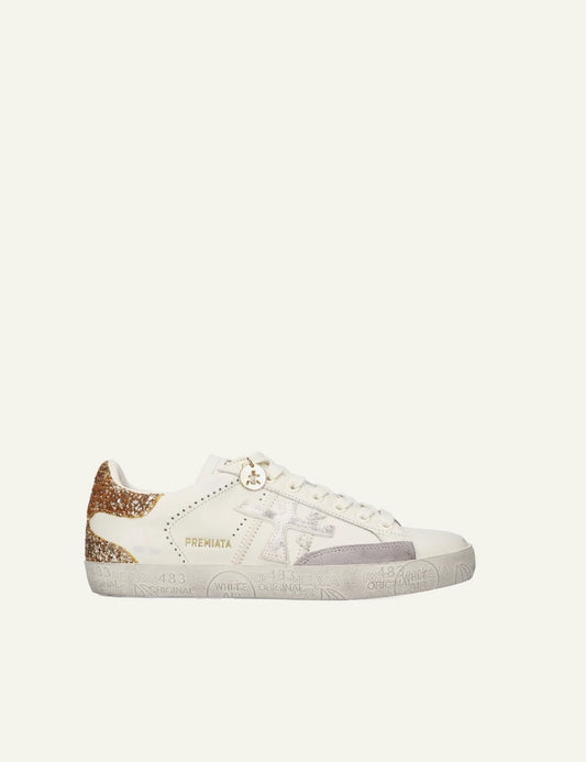 Premiata Steven sneaker white leather glitter heel side view