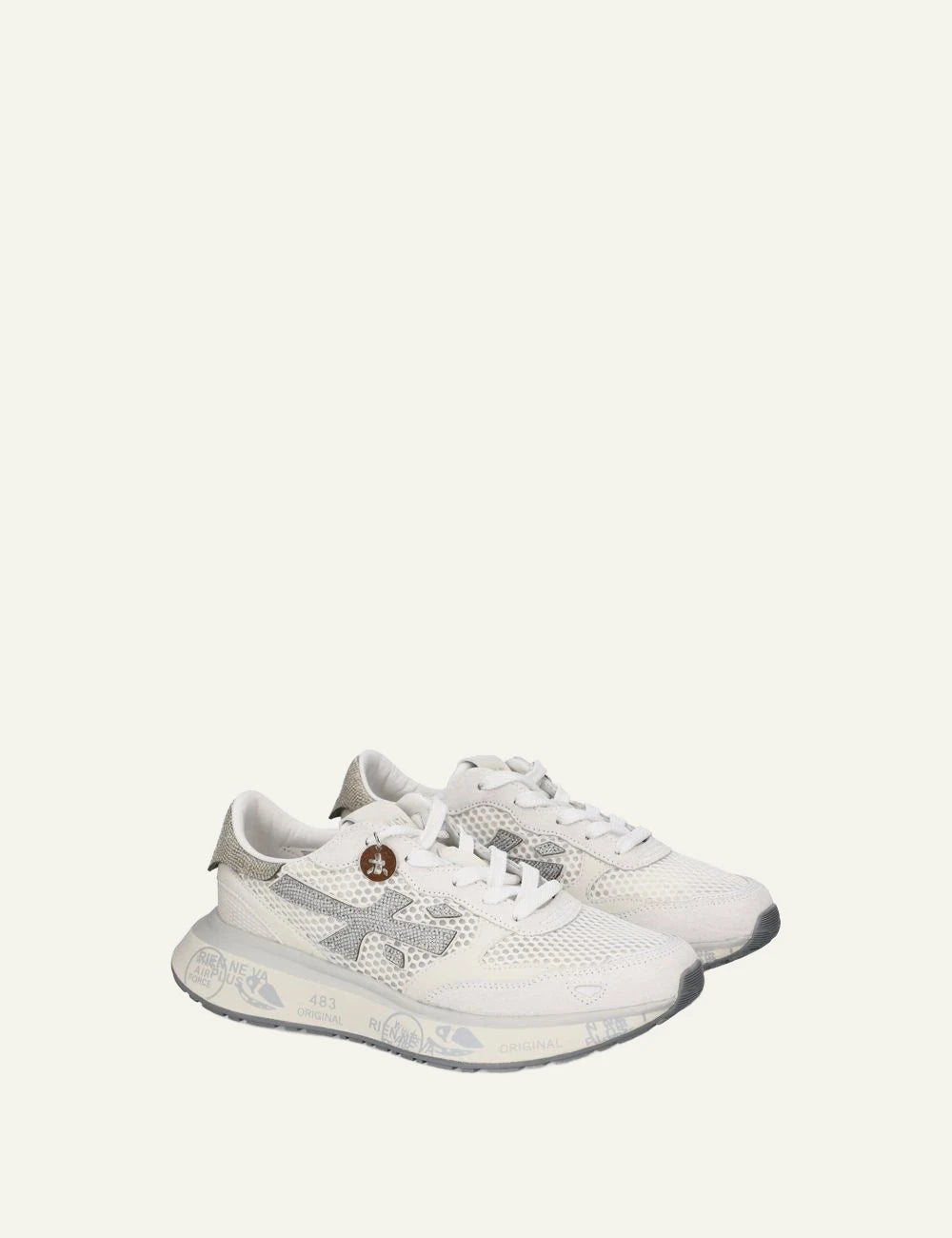 Premiata sneakers white grey mesh suede running angled view