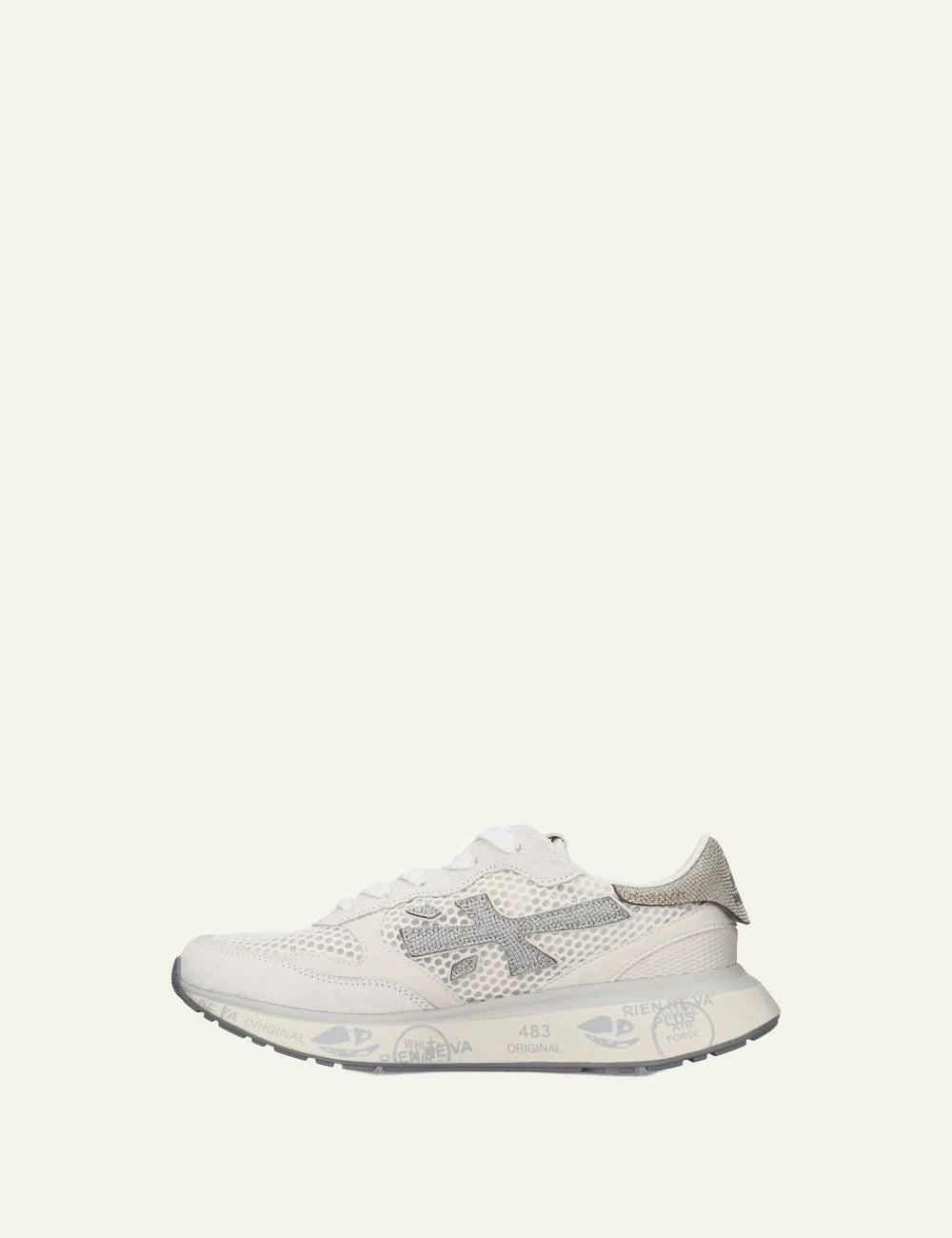 Premiata sneakers white grey mesh suede running profile view
