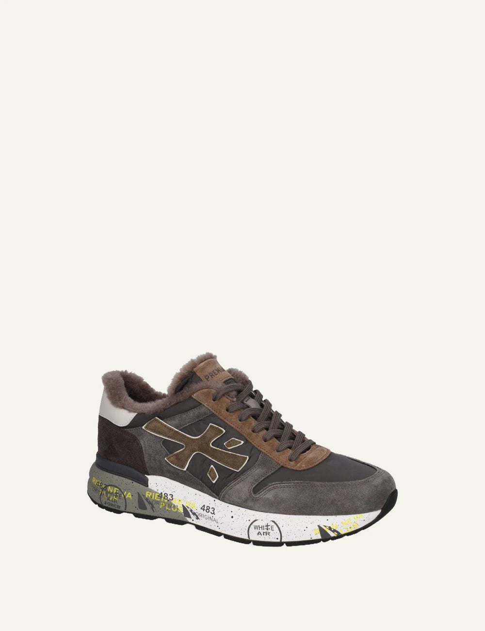Premiata women's brown and black suede sneakers with sheepskin lining angled