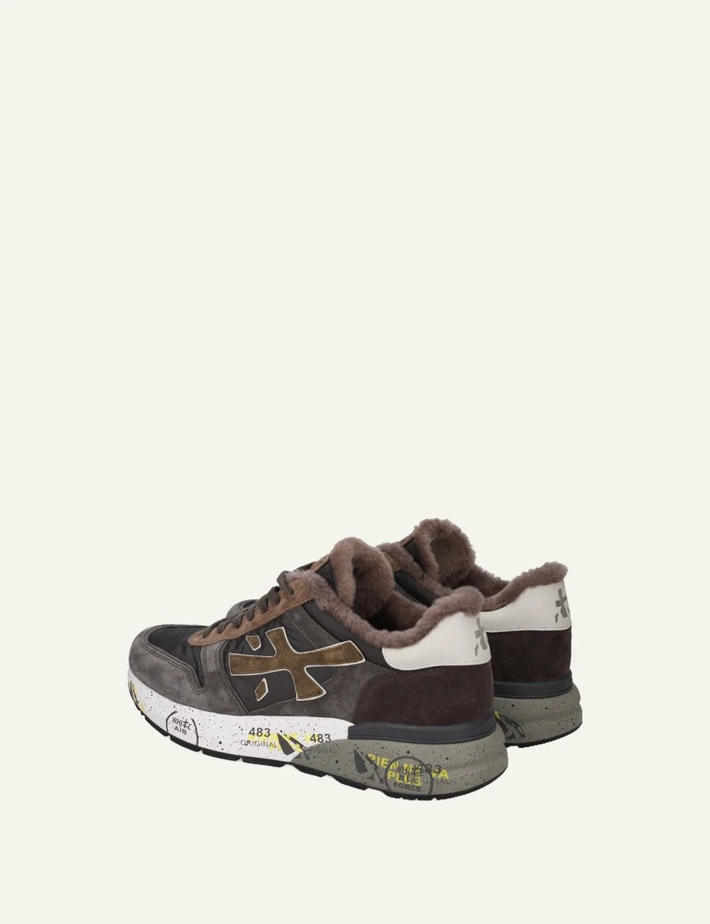 Premiata women's brown and black suede sneakers with sheepskin lining back