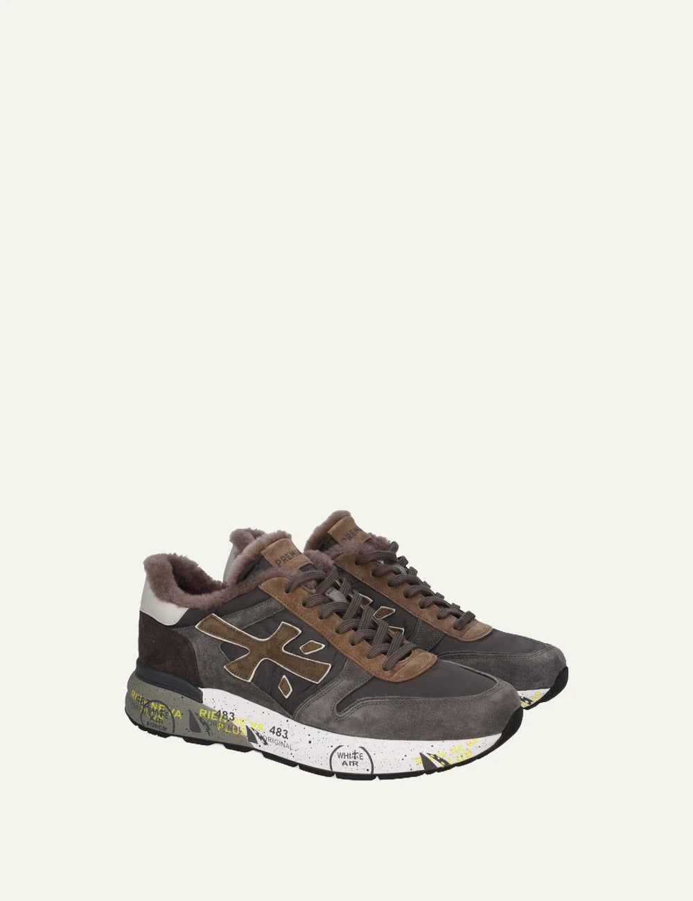 Premiata women's brown and black suede sneakers with sheepskin lining profile