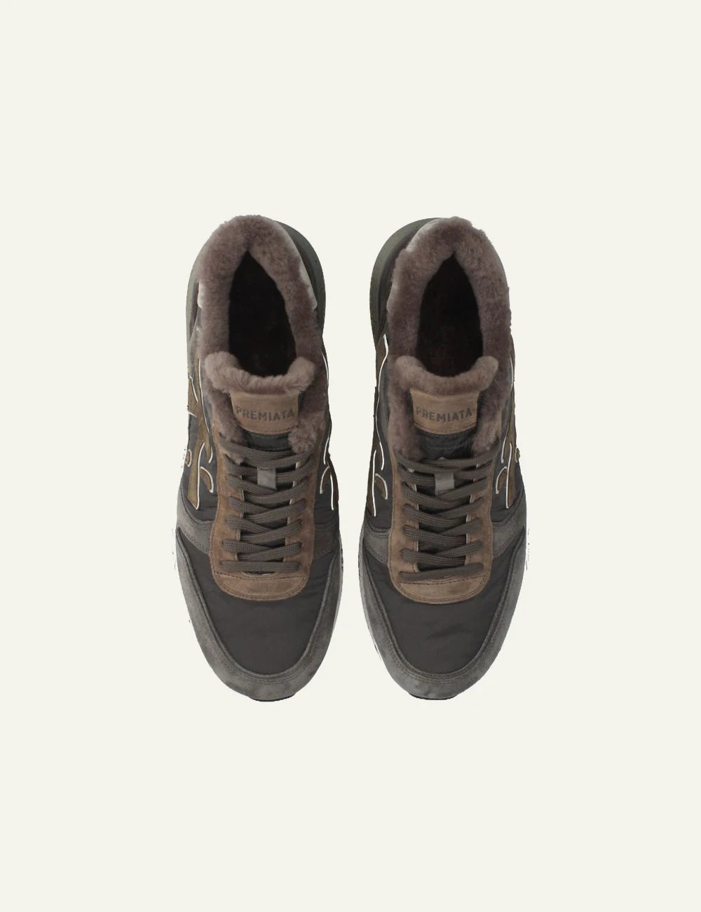 Premiata women's brown and black suede sneakers with sheepskin lining top