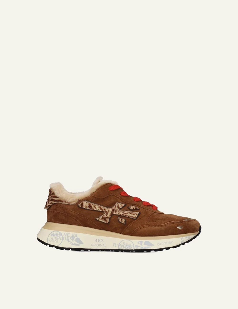 Premiata women's brown suede sneakers with pony skin details, shearling lining and red laces