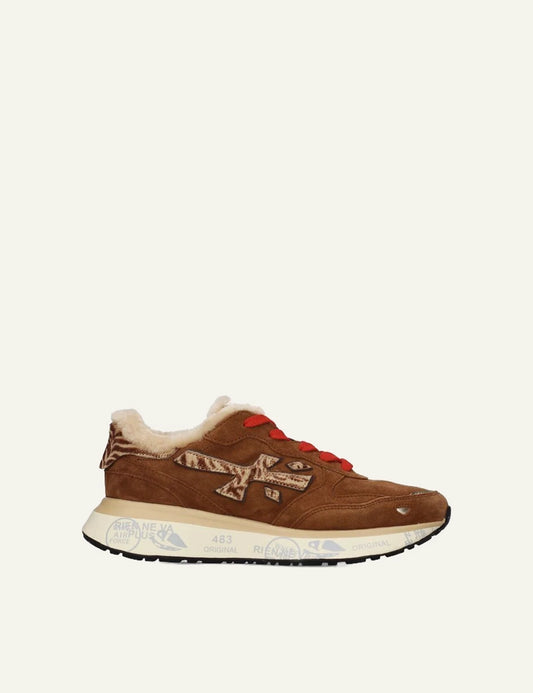 Premiata women's brown suede sneakers with pony skin details, shearling lining and red laces