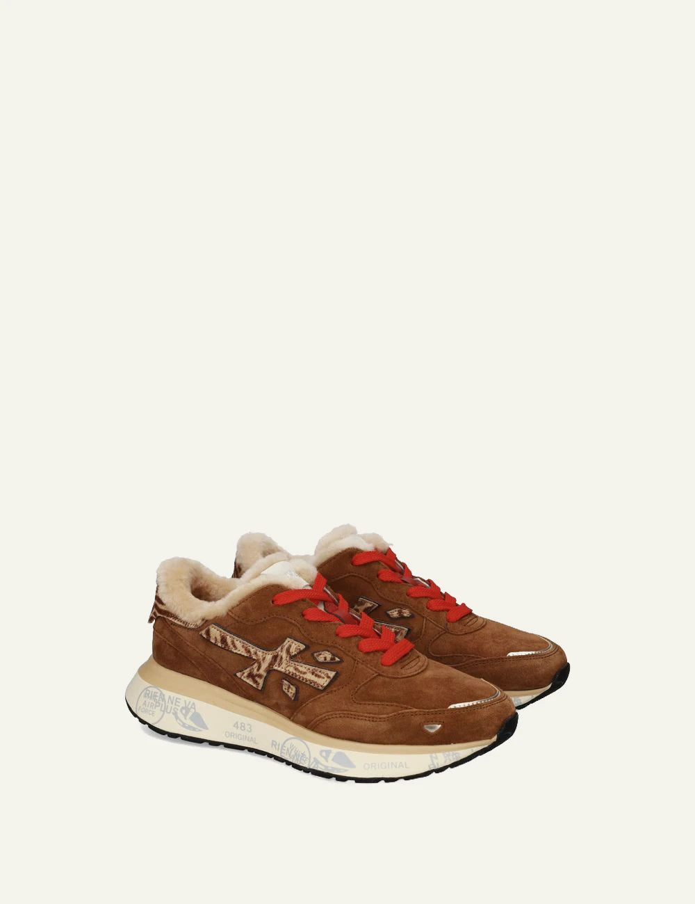 Premiata women's brown suede sneakers with pony skin details, shearling lining and red laces angled