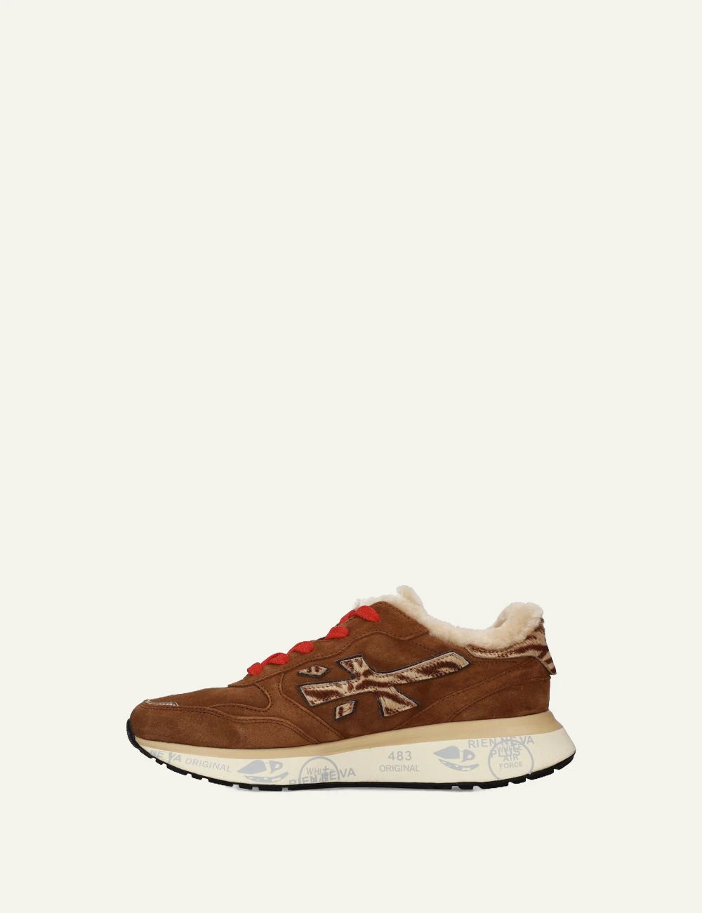 Premiata women's brown suede sneakers with pony skin details, shearling lining and red laces side