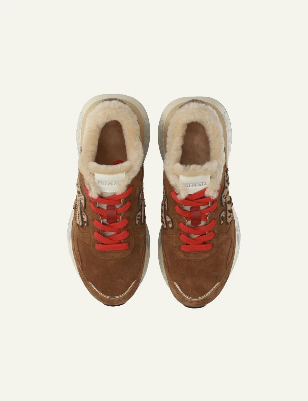 Premiata women's brown suede sneakers with pony skin details, shearling lining and red laces top