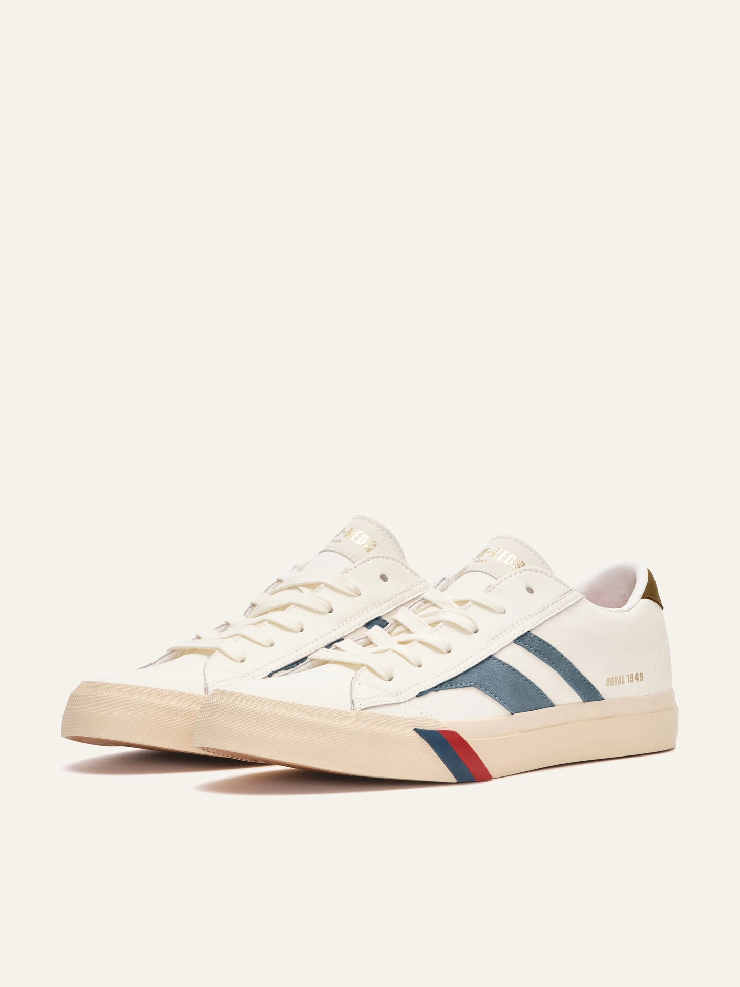 pro keds 1949 royal leather sneakers off white silver suede stripe profile view