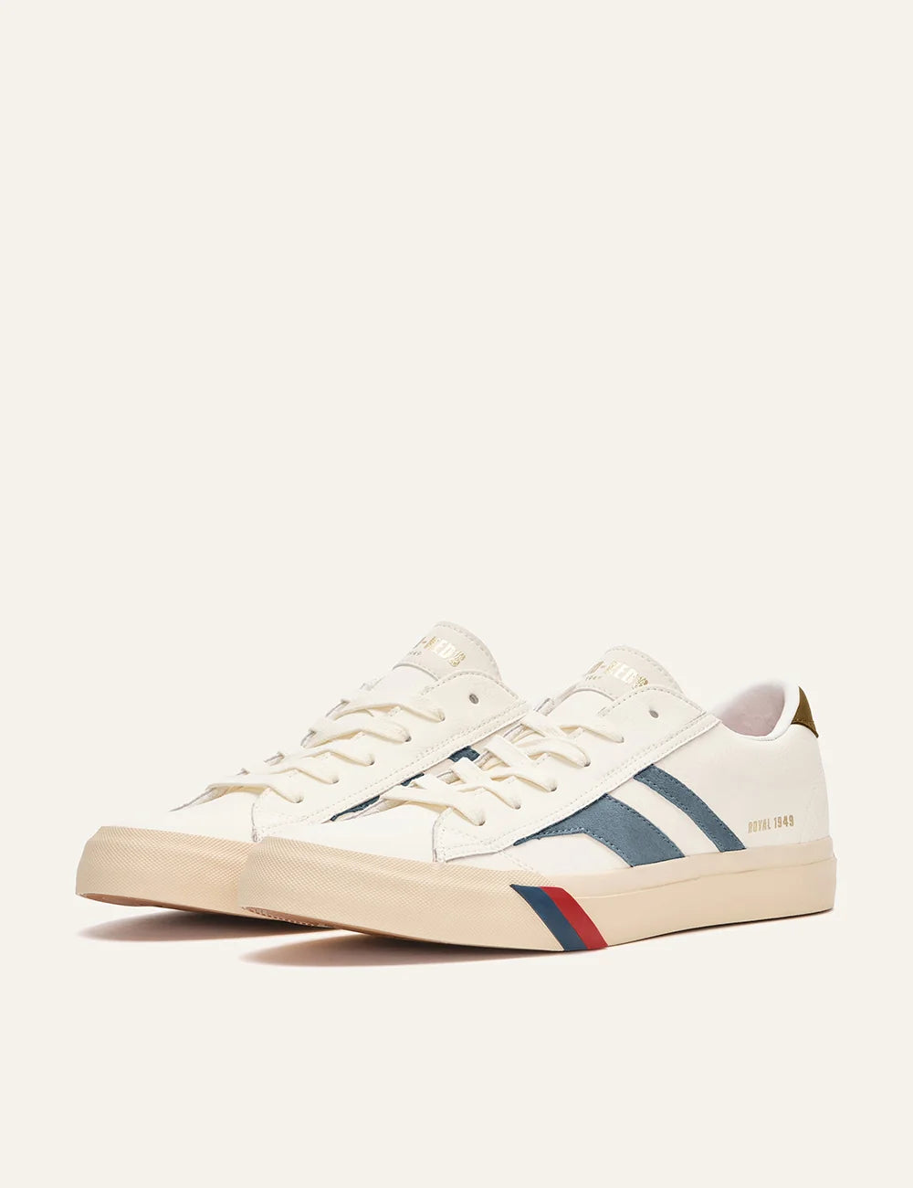 pro keds 1949 royal leather sneakers off white blue suede stripe angled view