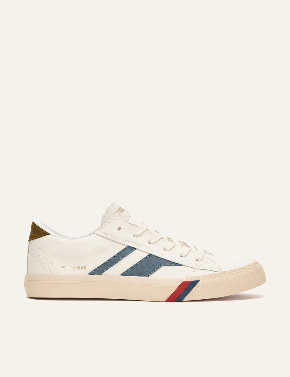 pro keds 1949 royal leather sneakers off white blue suede stripe side view