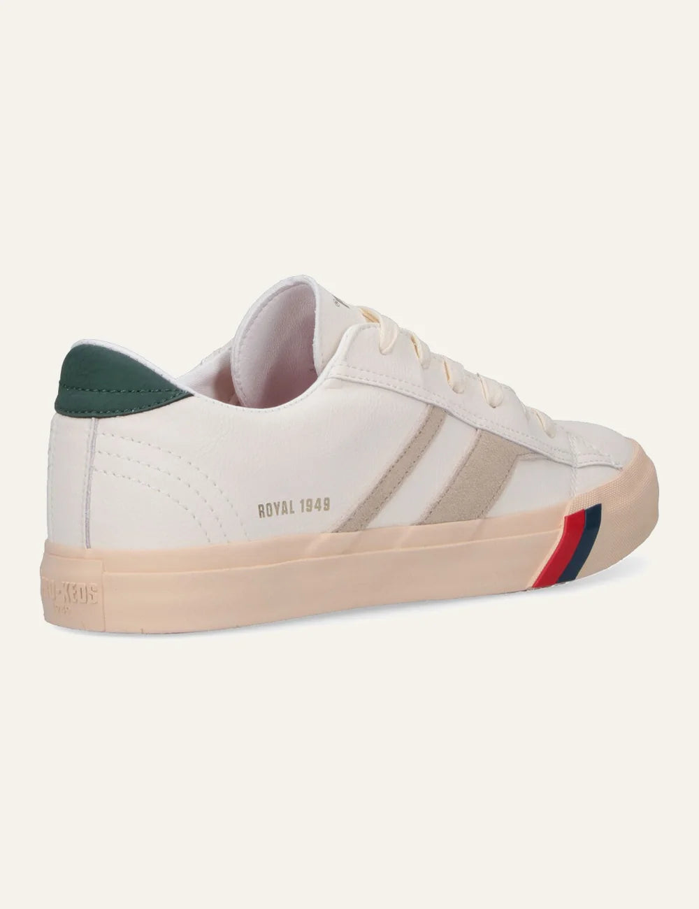 pro keds 1949 royal leather sneakers off white suede stripe angled view