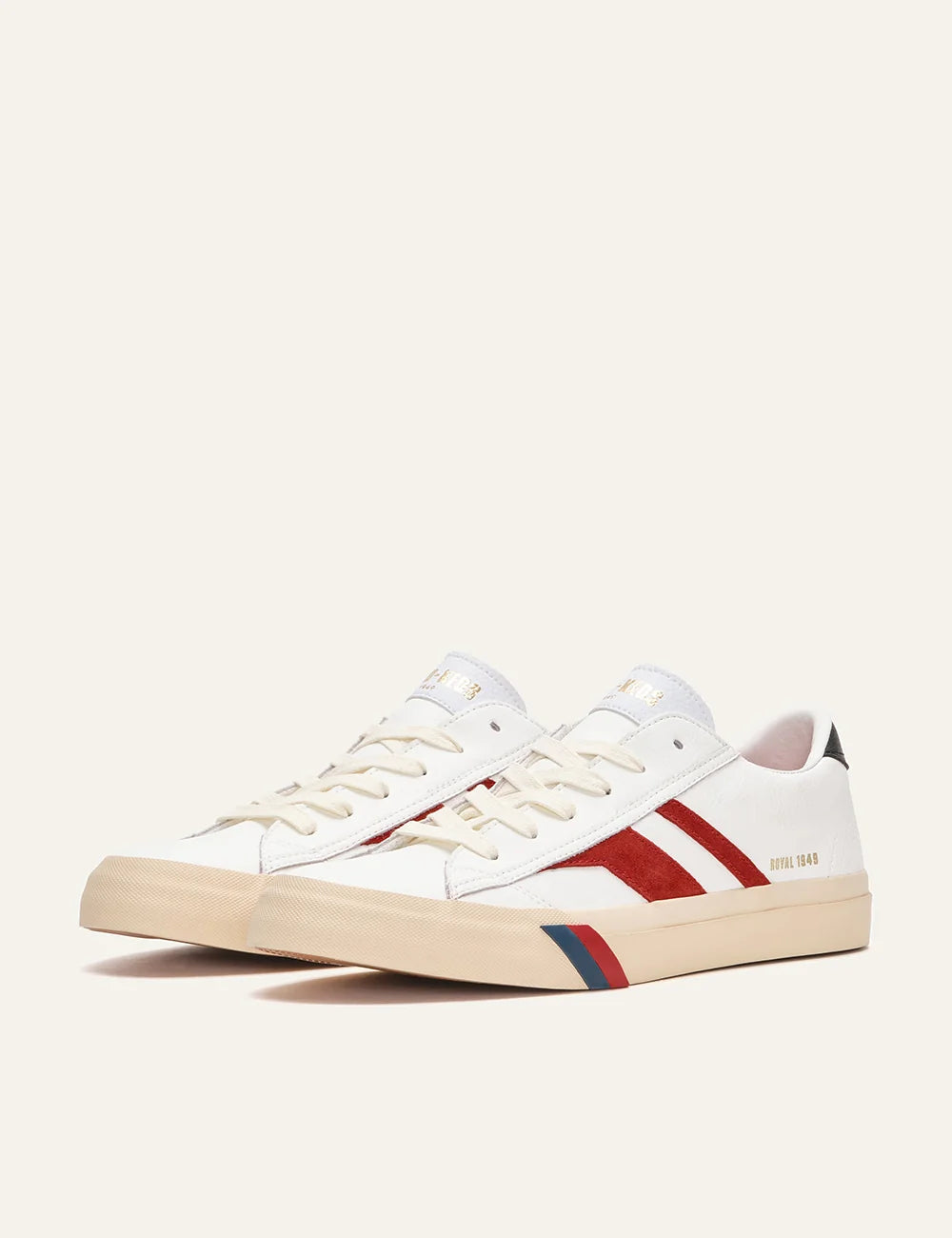 pro keds 1949 royal leather sneakers off white blue suede stripe profile view