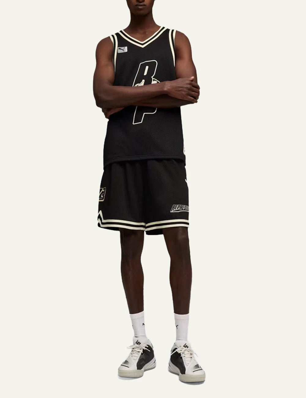 Puma Represent Black Basketball Shorts With Logo Detail And Contrast Hem Front Model View