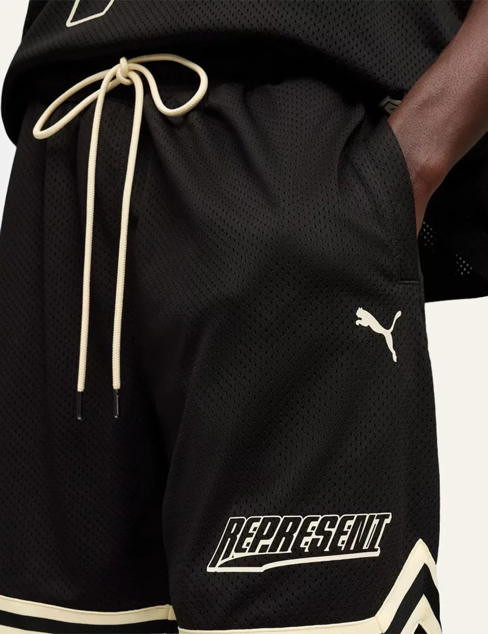 Puma Represent Black Basketball Shorts With Logo Detail And Contrast Hem Front detail View