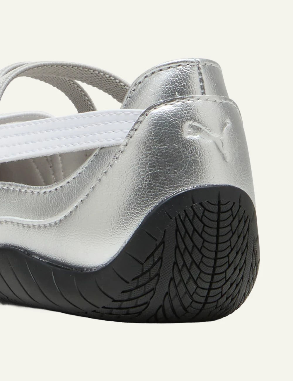 Puma Speedcat Ballet silver metallic angled back view criss cross straps