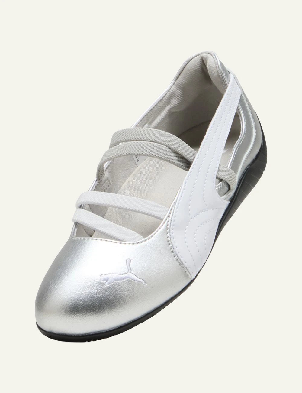 Puma Speedcat Ballet silver metallic angled front view criss cross straps