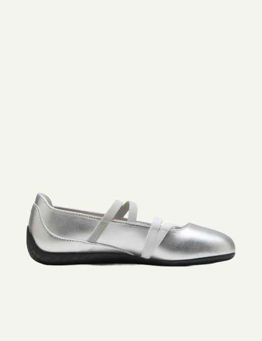 Puma Speedcat Ballet silver metallic side view criss cross straps
