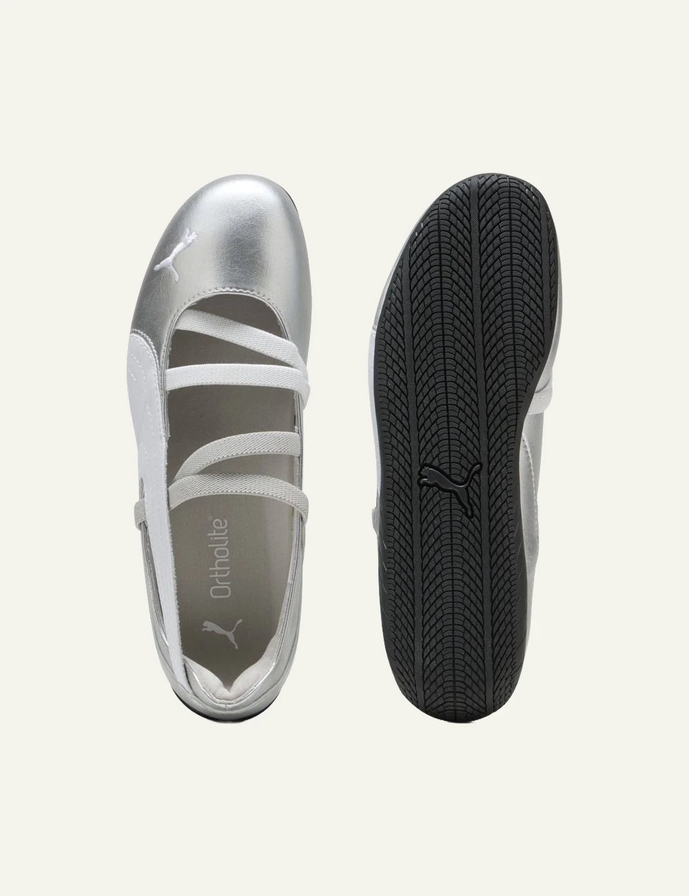 Puma Speedcat Ballet silver metallic top sole view criss cross straps