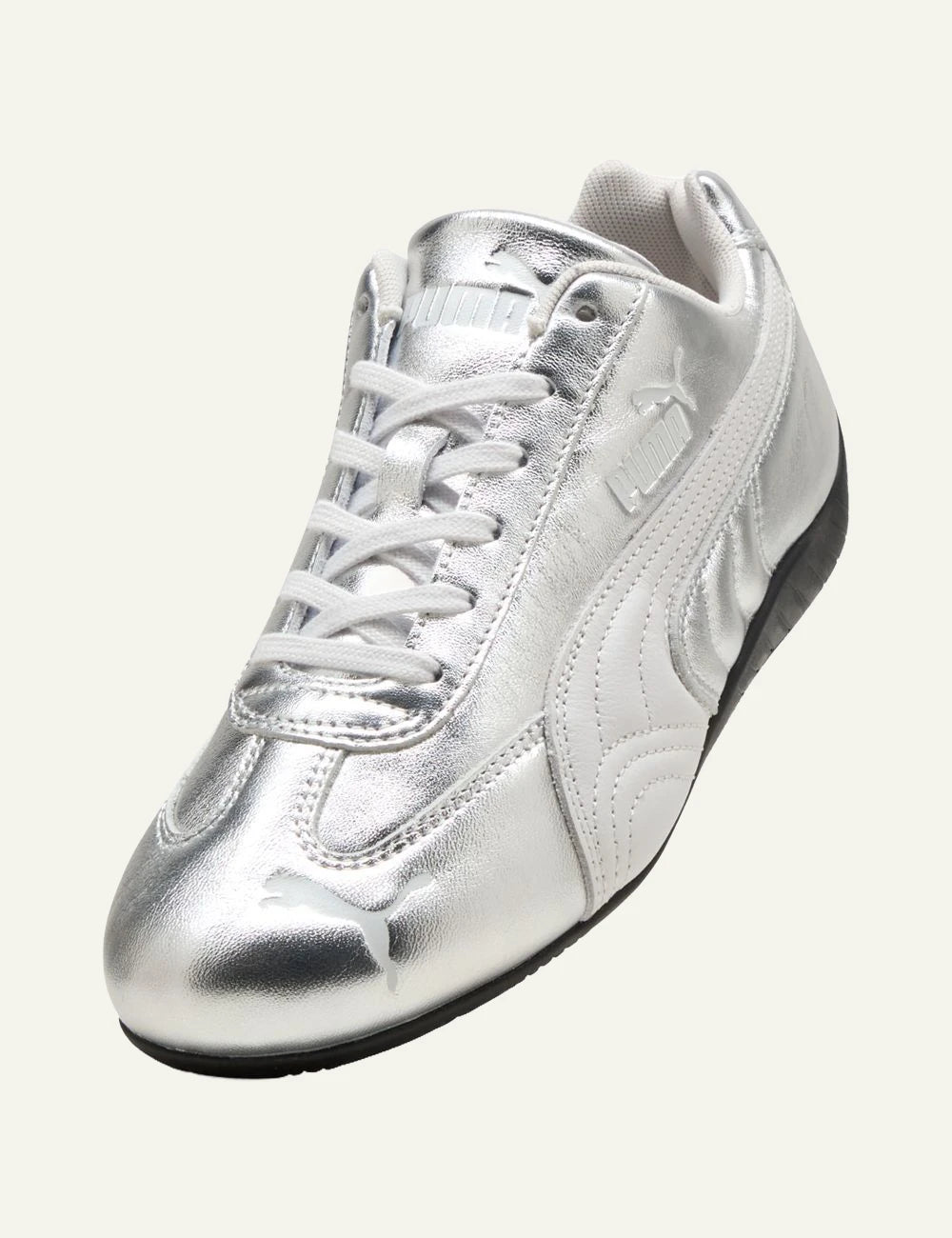 Puma Speedcat feather gray silver metallic angled front view