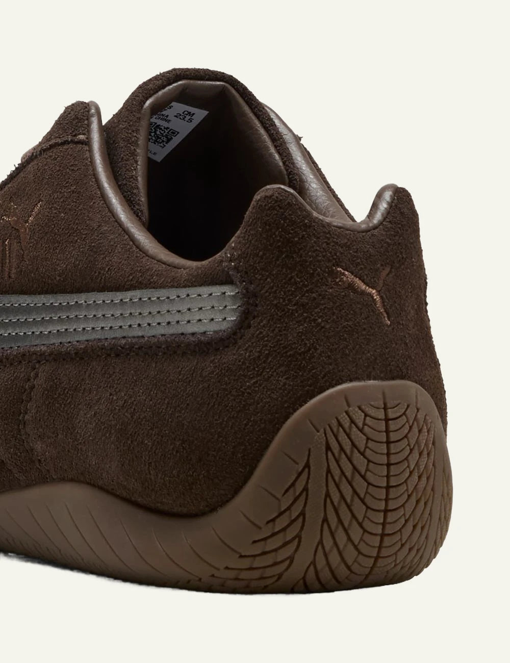 Puma Speedcat Lux chocolate brown angled back view suede upper