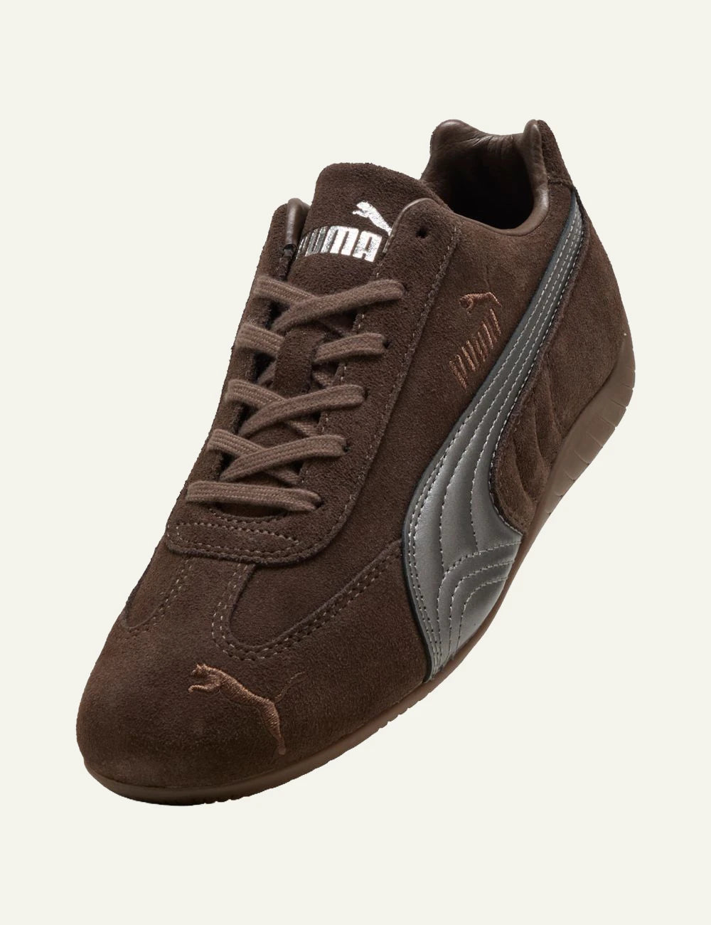 Puma Speedcat Lux chocolate brown angled front view suede upper