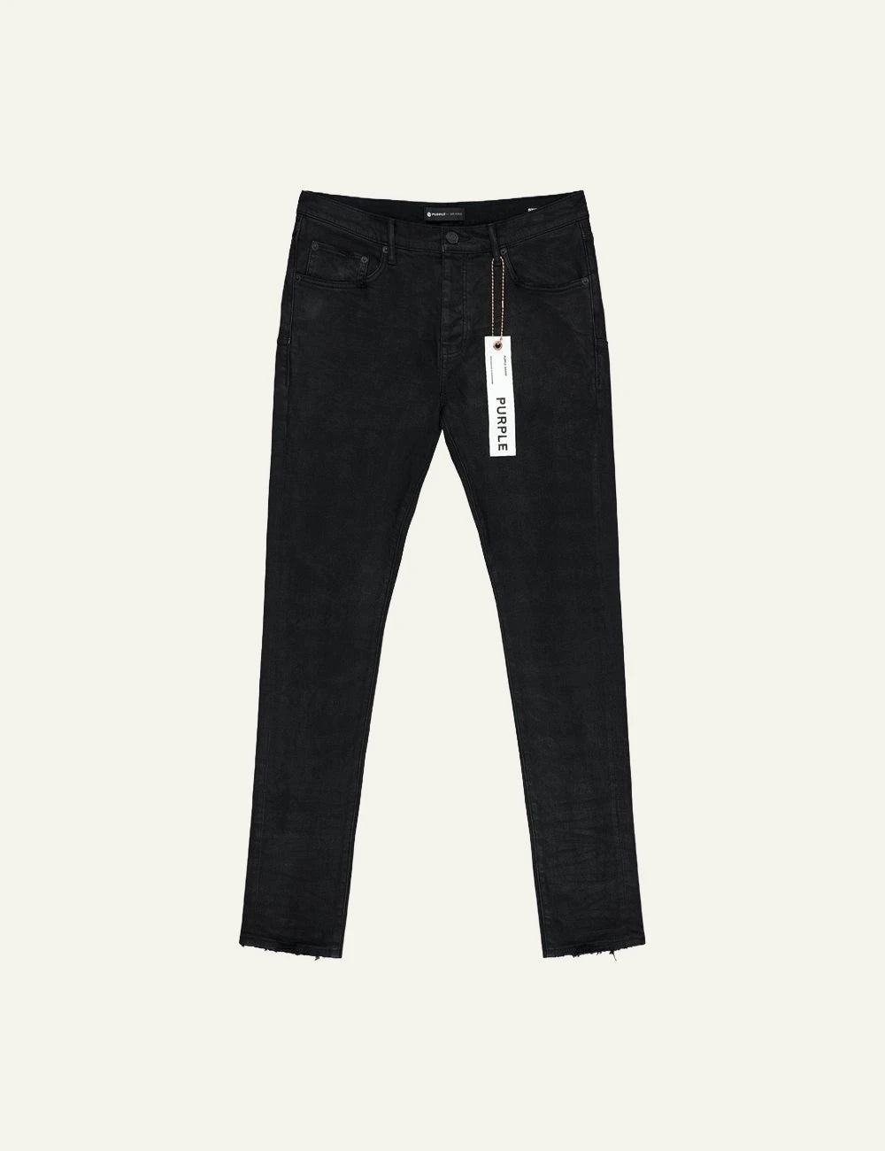 Purple Brand black skinny jeans with resin coated finish front view