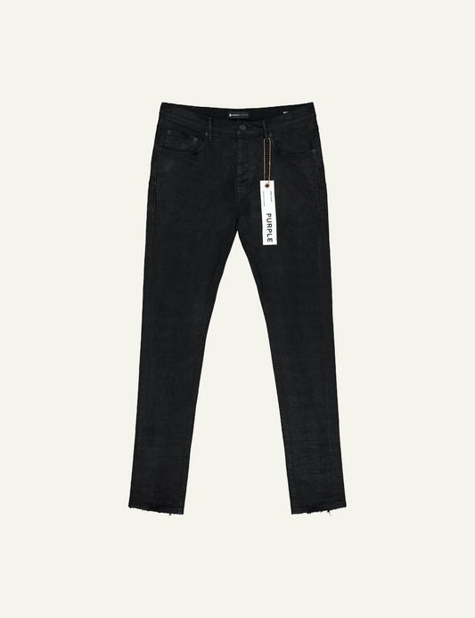 Purple Brand black skinny jeans with resin coated finish front view