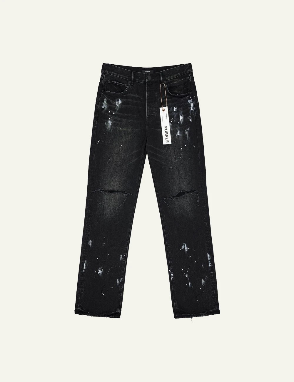 Purple Brand black distressed jeans with paint splatter front view