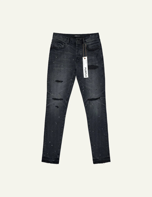 Purple Brand black skinny jeans with distressed knees and paint splatter front view