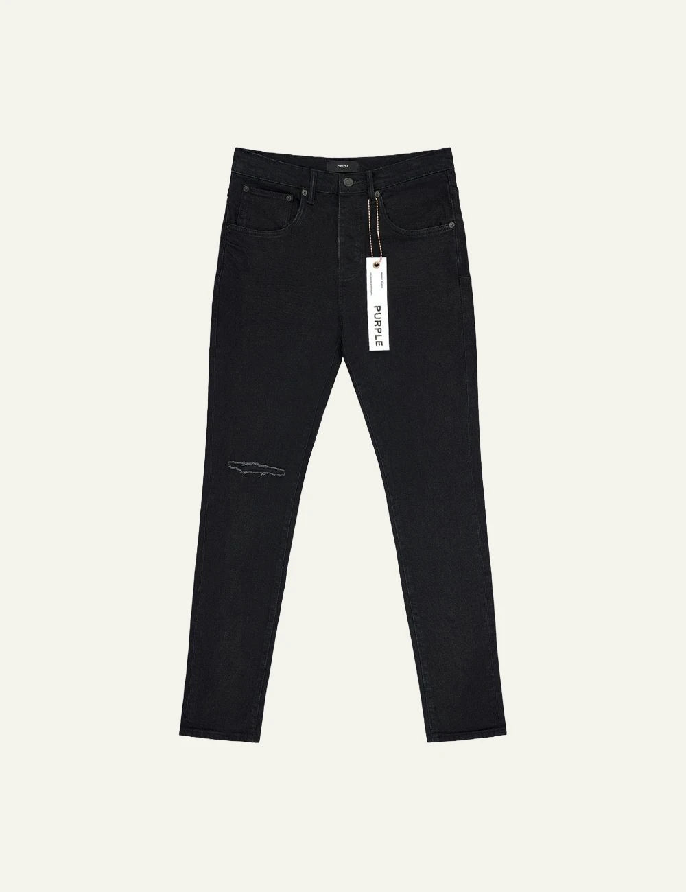 Purple Brand black slim fit stretch jeans with distressed detail front view