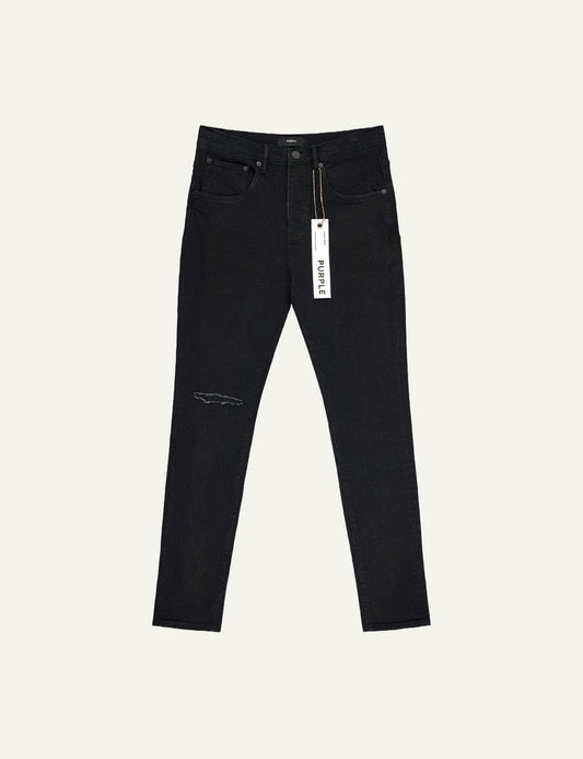 Purple Brand black slim fit stretch jeans with distressed detail front view