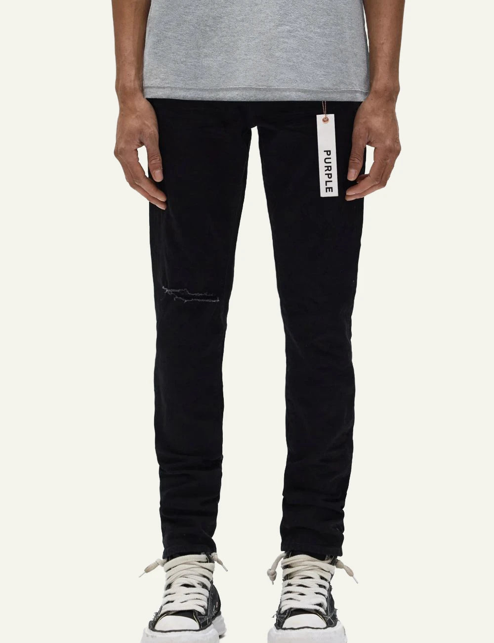 Purple Brand black slim fit stretch jeans with distressed detail front model view