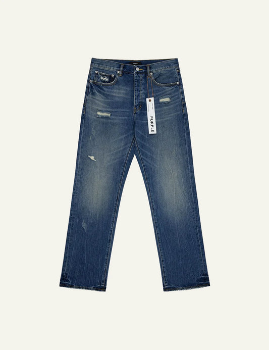 Purple Brand dark blue distressed straight leg jeans front view