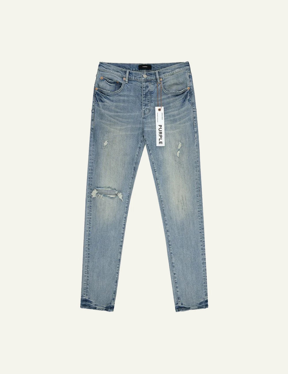 Purple Brand light blue skinny jeans with distressed knee detail front view