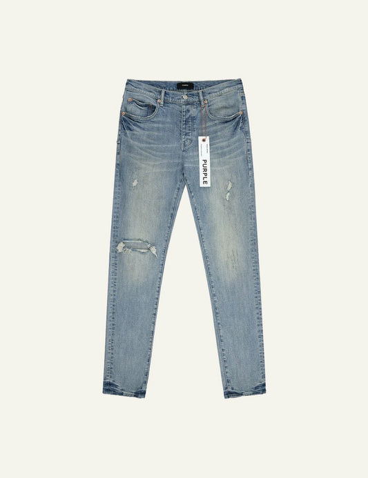 Purple Brand light blue skinny jeans with distressed knee detail front view