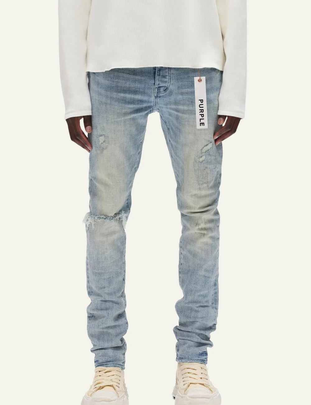 Purple Brand light blue skinny jeans with distressed knee detail front model view