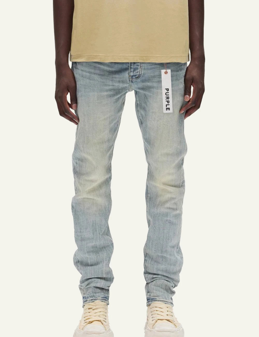 Purple Brand light blue skinny stretch jeans front model view