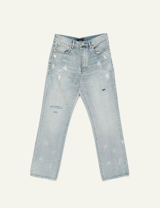 Purple Brand light indigo distressed jeans paint splatter front view