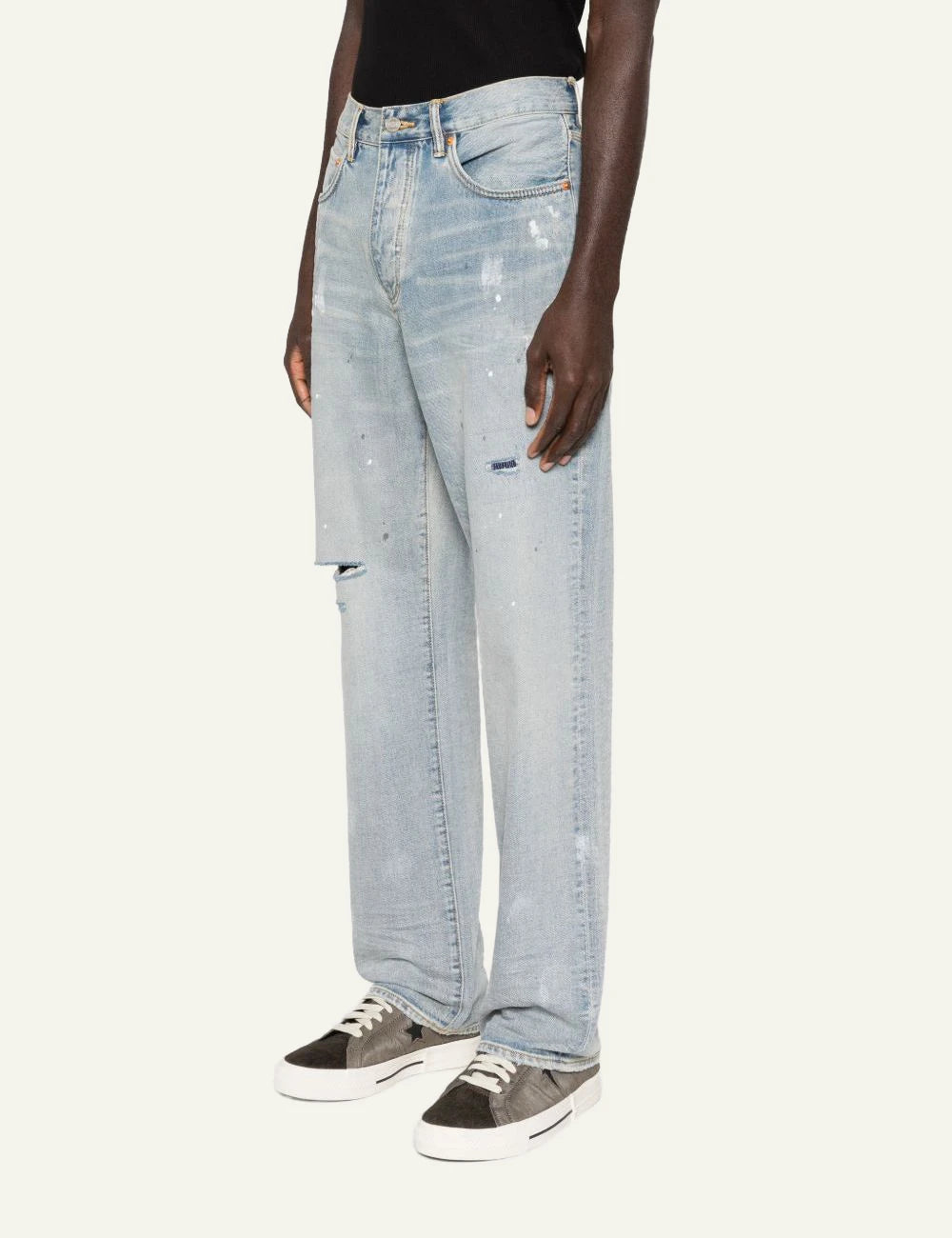 Purple Brand light indigo distressed jeans paint splatter side view
