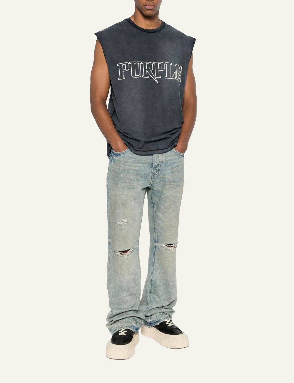 Purple Brand light indigo ripped denim jeans front full body view