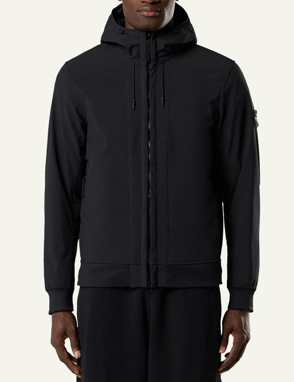Men's Stone Island black technical hooded jacket with Compass patch model