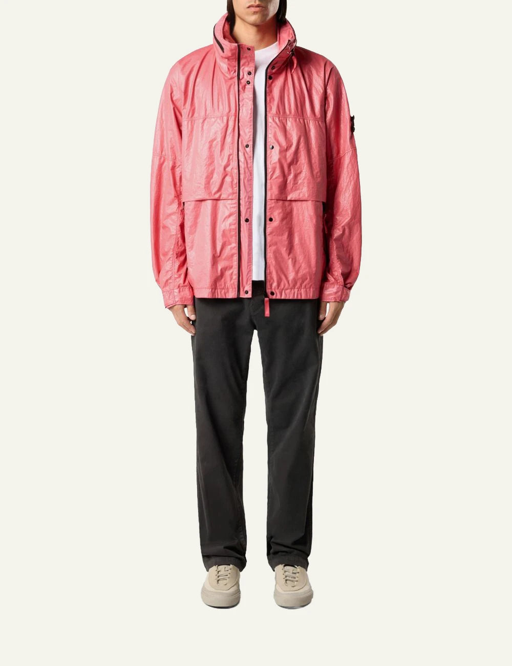 Men's Stone Island coral three-layer nylon hooded jacket with Compass patch full body