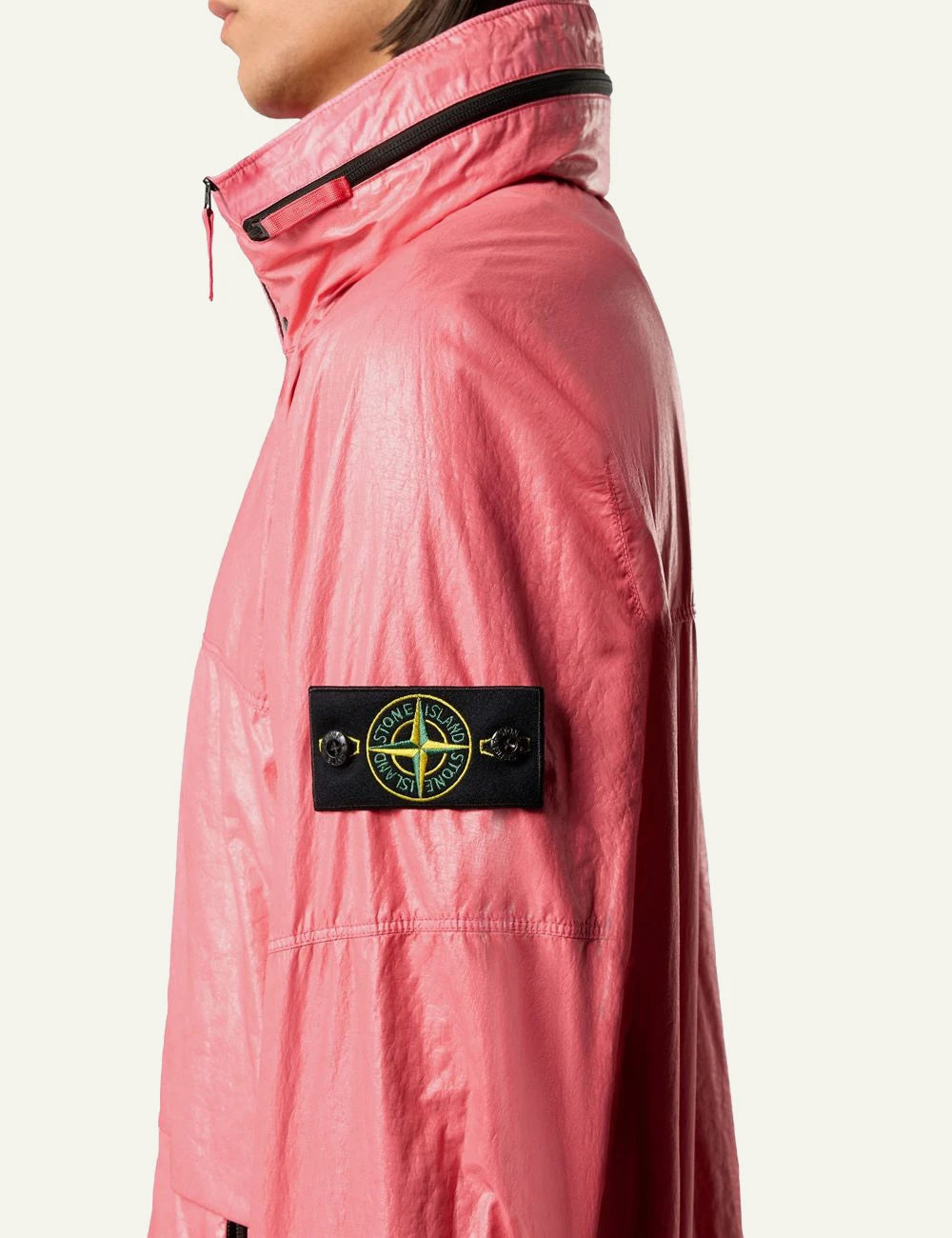 Men's Stone Island coral three-layer nylon hooded jacket with Compass patch side