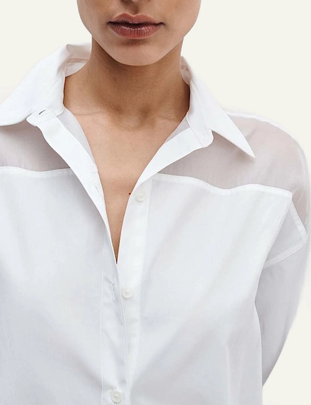 Rag &amp; Bone white cotton shirt with organza details front model detail view